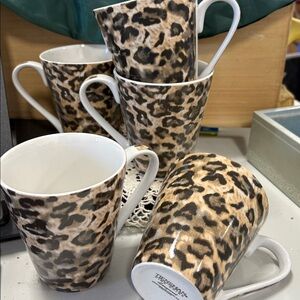 Tienshan Fine China 4" Tall Coffee Cup/Mugs Leopard Pattern SET OF 4